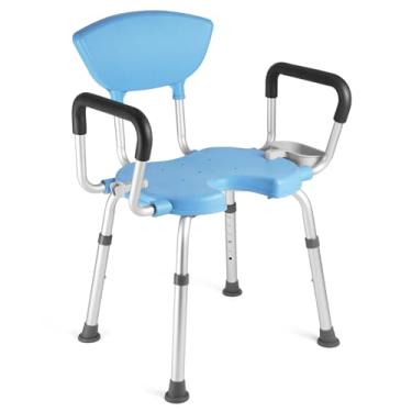 Imagem de FlyingJoy Cadeira De Banho Para Chuveiro Interno - 258 Kg, Montagem Sem Ferramentas, Altura Ajustável, Banco Acolchoado, Braços E Encosto Removíveis, Clipe Chuveiro, Assento Idosos Deficientes (Azul