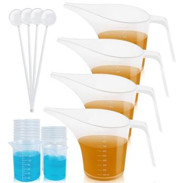 Imagem de Artcome Conjunto de jarras de funil - pacote com 4, jarras de medição de plástico de 1000 ml com funis, 4 hastes de agitação e 15 copos medidores pequenos para fazer sabão, fundição de resina, assar e