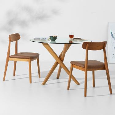 Imagem de Conjunto Mesa de Jantar Thai Redonda Vidro Incolor - 1,10m + 2 Cadeiras Nord Encosto Madeira - Cognac