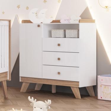 Imagem de Cômoda Infantil 1 Porta 3 Gavetas Confete Henn Branco Com Jequitibá Hp