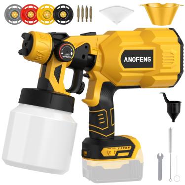 Imagem de ANOFENG Pulverizador De Tinta Sem Fio 200 W Para Dewalt, Bateria Máxima 20 V, Pistola Elétrica Hvlp Com Recipiente 1200 Ml, 4 Bicos Cobre, 3 Padrões Cercas, Armários, Paredes, Etc. (Bateria Não Incl