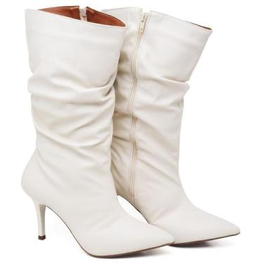 Imagem de Bota Cano Médio Enrugado Salto Fino Médio Napa Off White - Ellas Onlin