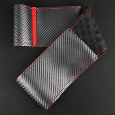 Imagem de Capa para volante, fibra de carbono fosca e couro de microfibra, costura em envoltório, ajuste universal para carros e caminhões, vermelho prateado
