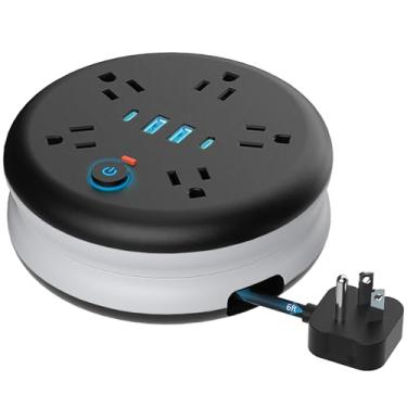 Imagem de DERJLY Filtro De Linha Retrátil Para Viagem: Protetor Contra Surtos De Energia Com Cabo De Extensão De 6 Pés - Filtro De Linha Portátil Com 5 Tomadas, 2 Portas Usb Inteligentes E 2 Portas Usb C Par