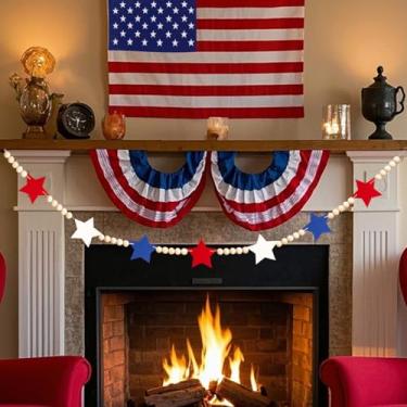 Imagem de hhdatc Faixa de decoração de casa americana, vermelha, branca e azul, guirlanda de contas de madeira com estrelas de feltro, cornija patriótica para decoração de parede ou manto