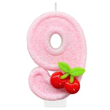 Imagem de Velas de aniversário de cereja, vela número 9 para bolo, decoração de festa de aniversário, enfeite de bolo, enfeite de cupcake para decoração de festa