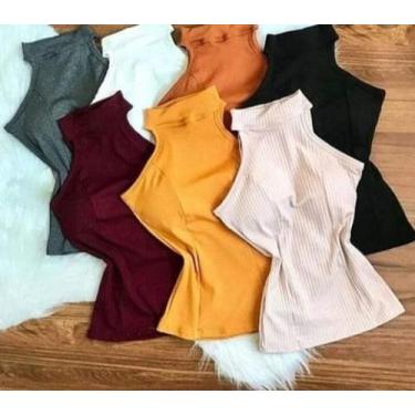 Imagem de Blusa feminina malha canelada gola alta manga cavada com bojo - moda f