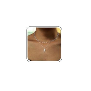 Imagem de TseanYi Colar com pingente de cruz em camadas, corrente torcida dourada, gargantilha minimalista de cruz com corrente fina e pingente de crucifixo, joias de personalidade gótica, Zinco, Sem Pedra