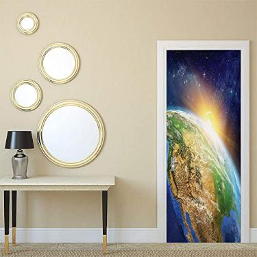 Imagem de Papel de parede de pintura de parede de porta de quarto do espaço sideral, vista celestial do nascer do sol sobre o planeta Terra com campo de estrelas Oceano Pacífico, para dormitórios, escritórios e