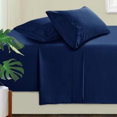 Imagem de Manyshofu Jogo de lençol Queen com bolso extra profundo - Lençóis e fronhas de luxo de hotel 1800 fios - Conjunto de cama de microfibra de até 61 cm - Lençóis de cama azul marinho 45 a 61 cm bolsos