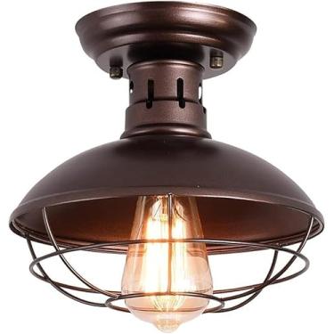 Imagem de Luz De Teto De Metal Industrial Vintage, Luz De Teto Semi Embutida, Gaiola De Decoração De Ferro Forjado, Iluminação Rústica Semi Pendente E26 Para Cafeteria Bar Loft Escri, Brown