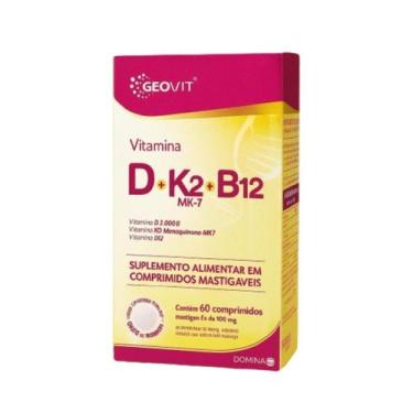Imagem de Vitamina D + K2 Mk7 + B12 Geovit Sabor Morango  60 Comprimidos Mastigá