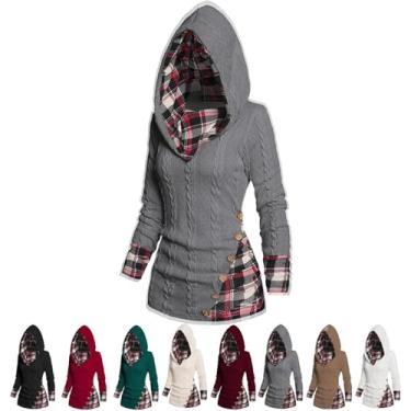 Imagem de Mulheres Xadrez Emenda Botão Decoração Cabo Hoodie, Listra Emenda Botão Decoração Hoodie Xadrez Casual Manga Longa Hoodie