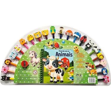 Imagem de Livro Brinquedo Ilustrado KIT Divertido Animais com 20 Lápis de COR e 