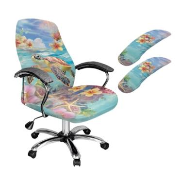 Imagem de SAJJWHHR Conjunto de capa de cadeira de escritório com estampa de tartaruga marinha, estampa floral de estrela-do-mar, capa protetora para cadeiras giratórias elásticas, G