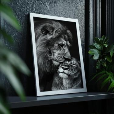 Imagem de Quadro Decorativo Leões Preto e Branco Com Moldura Amor Animal Casal Leão Retrato Forte Arte Selvagem Parede Moderna Luxo