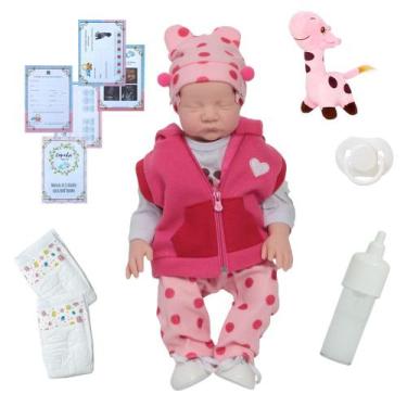 Imagem de Bebê Reborn Girafinha Rosa com Fraldas e Mamadeira - Cegonha Reborn Do