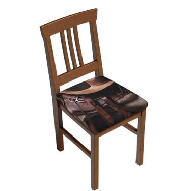 Imagem de Selim de cavalo com chapéu de caubói selvagem, conjunto de quatro peças, capa de cadeira quadrada elástica, capa de almofada removível, lavável, para banco de bar, protetor de assento quadrado