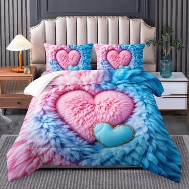 Imagem de Tuzaovy Jogo de cama solteiro com corações fofos, rosa e azul, rosa e azul, para decoração de quarto de adultos, lindo conjunto de edredom com estampa de coração para decoração de quarto de meninas