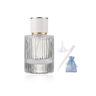Imagem de JJKMALL Frasco de perfume de vidro vintage de 50 ml – atomizador de viagem recarregável com tampa branca, pulverizador de óleo essencial transparente para homens e mulheres (50 ml)