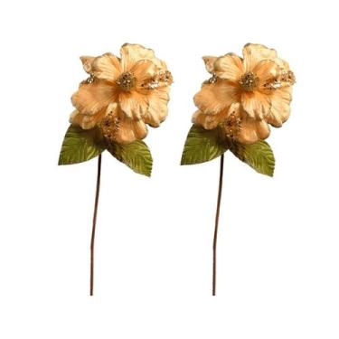 Imagem de 2 Galho Natalino Flor Magnolia Veludo Glitter Dourado 63Cm - Magizi