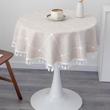 Imagem de YZKITM Toalha de mesa redonda pequena de linho de algodão 91 cm, boho, sem rugas, lavável, xadrez, com borlas, marrom, rústica, resistente, para festa, sala de jantar, casamento
