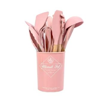 Imagem de Jogo 12 peças Silicone/Madeira Talher Escumadeira Utensilio Cozinha (Azul) (Rosa)