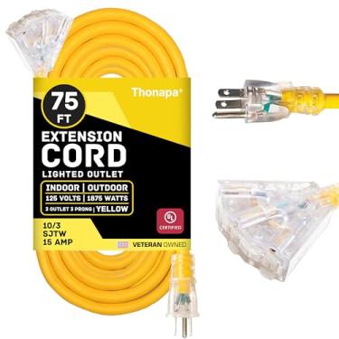 Imagem de Thonapa Cabo De Extensão Externo Calibre 10, 23 M Com 3 Tomadas - Resistente À Prova Intempéries, Vários Metros, Plugue Aterrado Pino Amarelo Sjtw 10/3, 15 Amperes