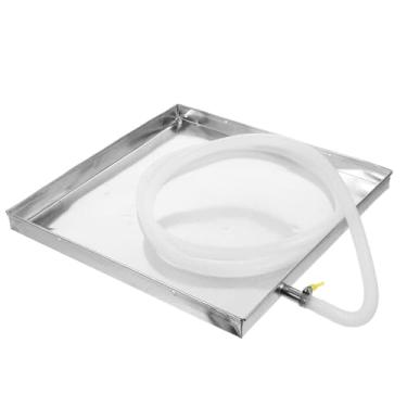 Imagem de SEWACC Bandeja coletora com dreno, bandeja de ar condicionado de aço inoxidável, bandeja coletora externa à prova de vazamento com mangueira e braçadeira de 2 m, 39 x 40 x 3,5 cm, prata