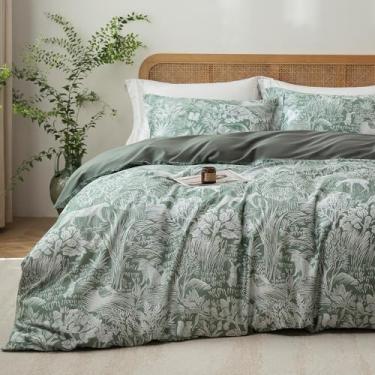 Imagem de MILDLY Conjunto de capa de edredom tamanho casal 100% algodão de fibra longa luxo verde floral patten reversível conjunto de capa de edredom 3 peças