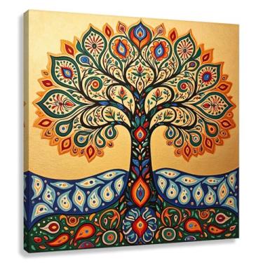 Imagem de Árvore da Vida Arte de parede Impressão em tela Mandala vibrante Decoração Sala de estar Quarto Quente Amarelo Verde 30x30cmx1