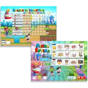 Imagem de Kit Quadro de Rotina Infantil + Quadro de Incentivo ao Bom Comportamento Recompensa 30x40 + Caneta + 200 tags para Geladeira (Games)