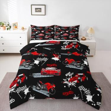 Imagem de Erosebridal Jogo de cama completo com carro de corrida preto e vermelho, carro de corrida de velocidade para meninos, adolescentes e homens, jogos de esportes radicais, edredom com enchimento de