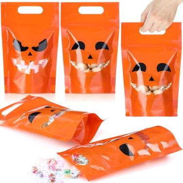 Imagem de Wonderjune 48 peças de sacos de presente de abóbora de Halloween, dois estilos, com janelas e alças, embalagem de plástico para lembrancinhas de festa de Halloween e lanches