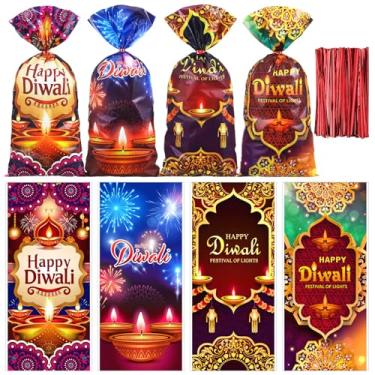 Imagem de Yexiya Karenhi 100 peças Happy Diwali Celofane Sacos com Gravatas, 4 Sacos de Presente Projetados Festival de Luzes Doces 27 x 12 cm de Plástico para Brindes de Festa do Festival Diwali Indiano