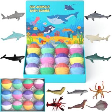 Imagem de Bombas de banho infantis com brinquedos surpresa dentro, pacote com 12 bombas de banho orgânicas para crianças com animais marinhos do oceano para meninas, meninos, crianças, bomba de banho de tubarão