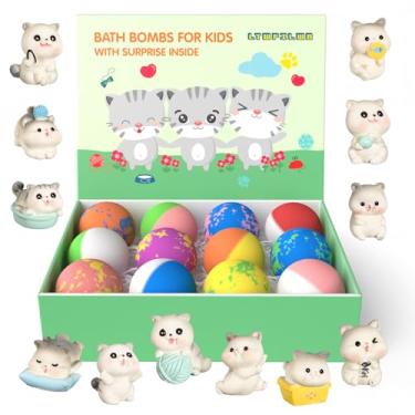 Imagem de Bombas de banho para crianças, pacote com 12 bombas de banho naturais com brinquedos dentro, bombas de banho orgânicas infantis com brinquedos surpresa para gatos e gatinhos, bombas de banho com gás