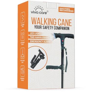 Imagem de VIVA CARE Bengala de caminhada com luz e alarme – dobrável, ajustável, leve, para equilíbrio e estabilidade para adultos, idosos e feridos. [Preto]