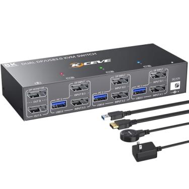 Imagem de KCEVE KVM Switch 2 monitores 3 computadores 4K @144Hz, Displayport KVM Switch Dual Monitor para 3 computadores compartilham 2 monitores e 4 dispositivos USB 3.0, com controle remoto com fio, adaptador