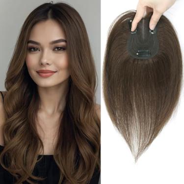 Imagem de YAMI Topper de cabelo humano fofo feminino 25,4 cm feito à mão base suíça 360° cobertura queda de cabelo (marrom médio)