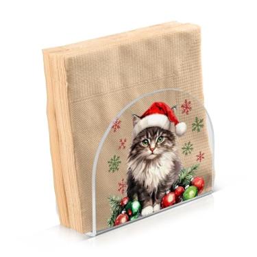Imagem de Suporte de guardanapo, suporte de guardanapo de gato fofo de Natal para mesas cozinha restaurante decoração de casa suporte decorativo para guardanapos de papel de jantar