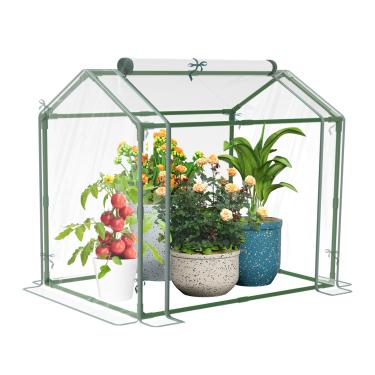Imagem de Esbaybulbs Mini estufa com tampa de PVC e porta de enrolar com zíper, 80 cm C x 60 cm L x 82 cm A, transparente, estrutura de aço, porta de enrolar, estufa de jardim