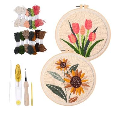 Imagem de Kit de Agulhas Perfuradas, Padrão de Girassol e Tulipa Faça Você Mesmo Bordado Floral Conjunto para Adultos Iniciantes com Tecido Fios Agulhas Costura Bastidor Bordar Ferramentas para Enfiar