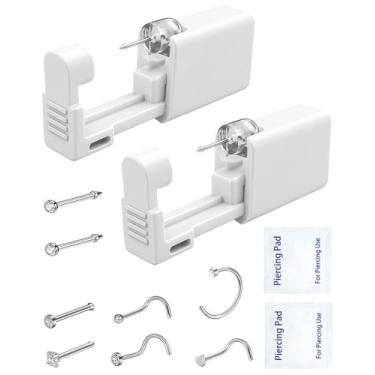 Imagem de Kit de piercing de nariz para casa, SLVIEKAE descartável pistola de piercing de nariz automático, kit de piercing de nariz com 6 peças de anéis de nariz grátis (prata)