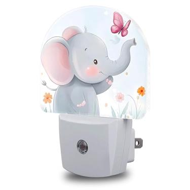 Imagem de FOISIIAEA Luzes noturnas florais ligadas à parede, elefante fofo e borboleta rosa, luz noturna do crepúsculo ao amanhecer, lâmpada de LED redonda decorativa para quarto, cozinha, corredor, luz noturna