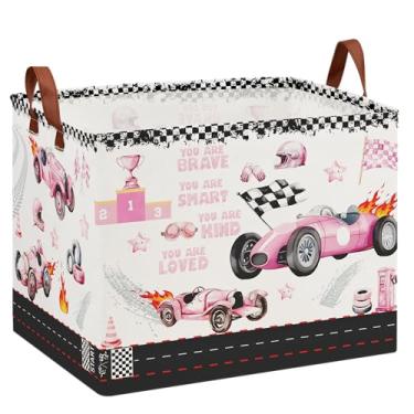 Imagem de Cesta de armazenamento de carro de corrida, cesto de roupa suja rosa vintage 36L para meninas, caixa de brinquedos dobrável para pneus, organizador infantil para carros de brinquedo, animais de