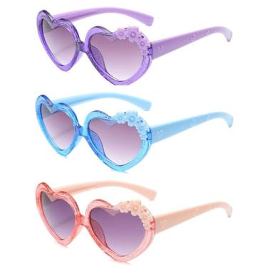 Imagem de OZPYKAE Óculos de sol com flor de coração para meninas, óculos bonitos em forma de coração, proteção UV 400, óculos de sol para uso ao ar livre para meninas e meninos, Roxo + rosa + azul, One Size