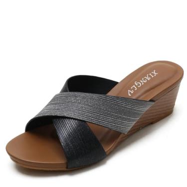 Imagem de Sandália feminina plataforma de couro brilhante moderna boêmia romana bico aberto slip-on praia casual salto alto elegante chinelos, Preto, 41