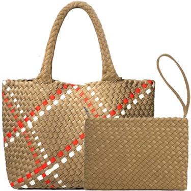 Imagem de JINMANXUE Bolsa feminina de neoprene de tecido de grande capacidade, bolsa de ombro casual feita à mão, Cáqui e vermelho, One Size