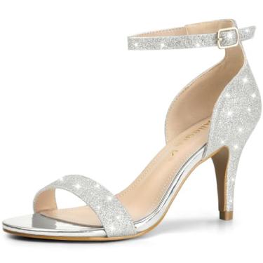 Imagem de Allegra K Sandálias femininas de salto agulha com glitter e tira no tornozelo, Prata, 36